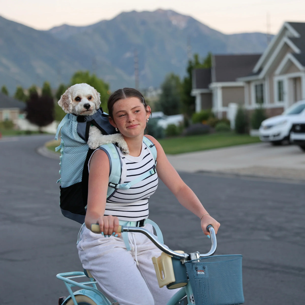 A woman riding a light blue bicycle on a residential street with mountains and houses in the background. A small white dog is sitting on her back in a pet carrier backpack.