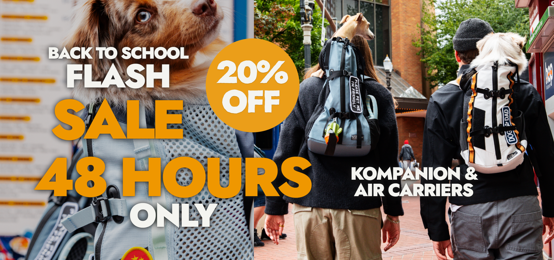 Promotional banner for a pet backpack sale, featuring a close-up of a dog wearing a gray mesh backpack on the left, and two people from behind wearing blue and white backpacks on the right. Large text reads 'BACK TO SCHOOL FLASH SALE 48 HOURS ONLY' and '20% OFF'.